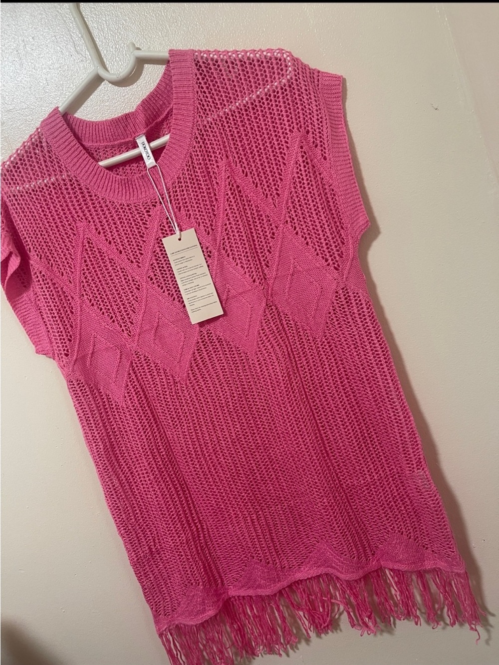 Sleeveless Pink Knit Fringe Tunic Top